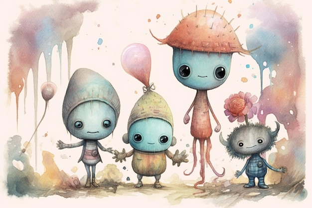 Photo there are three little aliens standing in a field with balloons generative ai