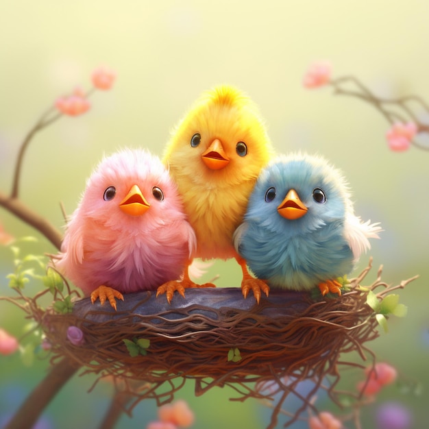 There are three little birds sitting on a nest with flowers generative ai