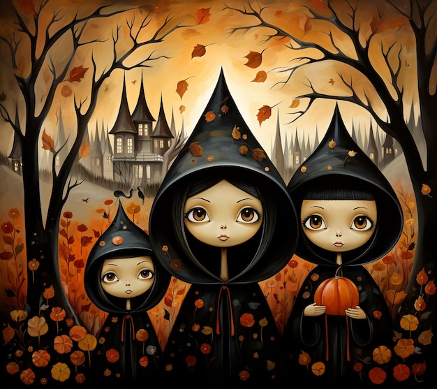 Есть три маленьких девочки, одетые в костюмы Хэллоуина.