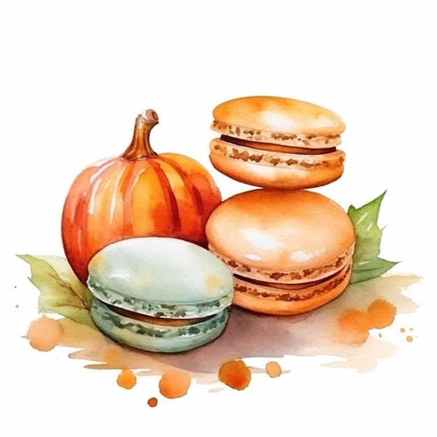 There are three macarons and a pumpkin on the table generative ai