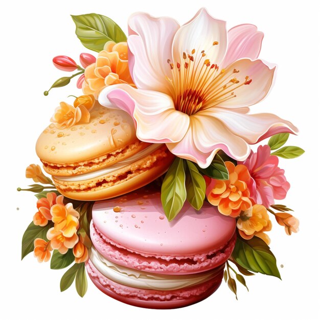 there are three macarons with flowers on top of them generative ai
