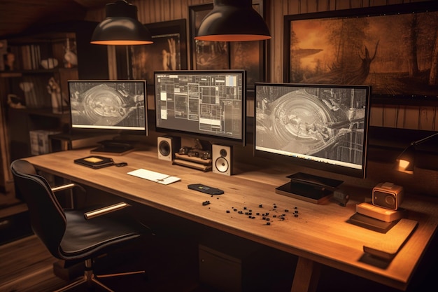 There are three monitors on a desk with a keyboard and a mouse generative ai