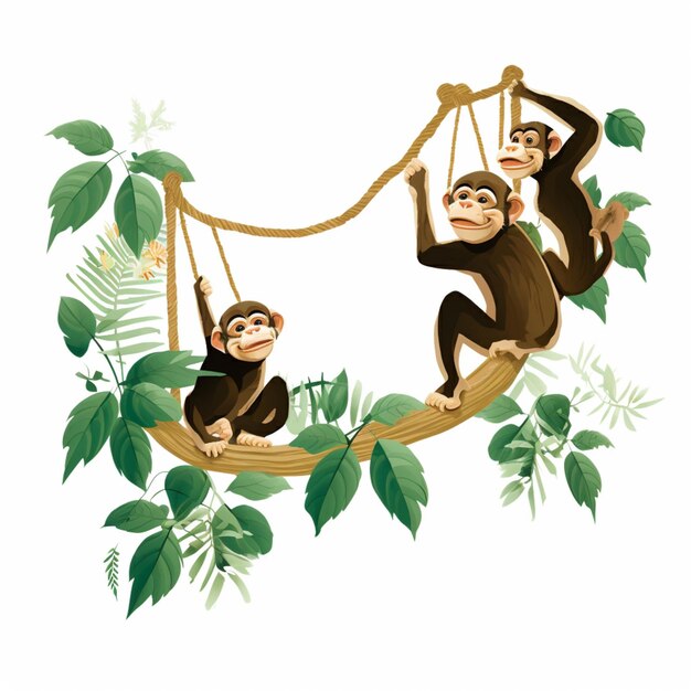 Photo there are three monkeys hanging on a tree branch together generative ai