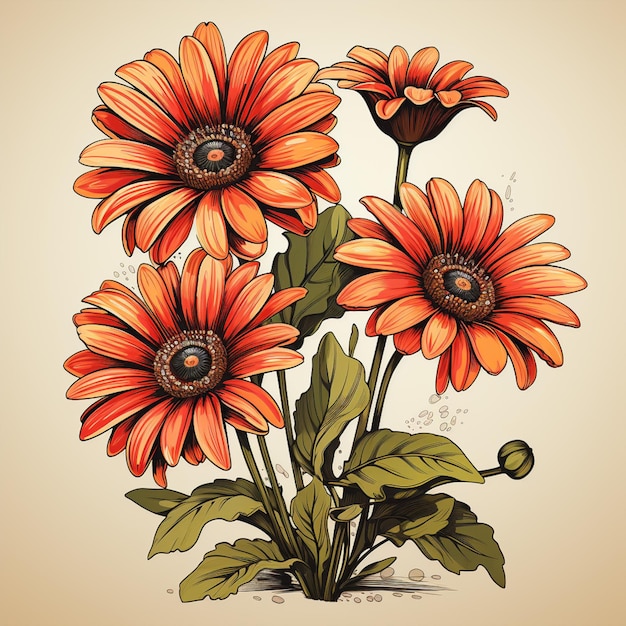 there are three orange flowers with green leaves on a beige background generativ ai