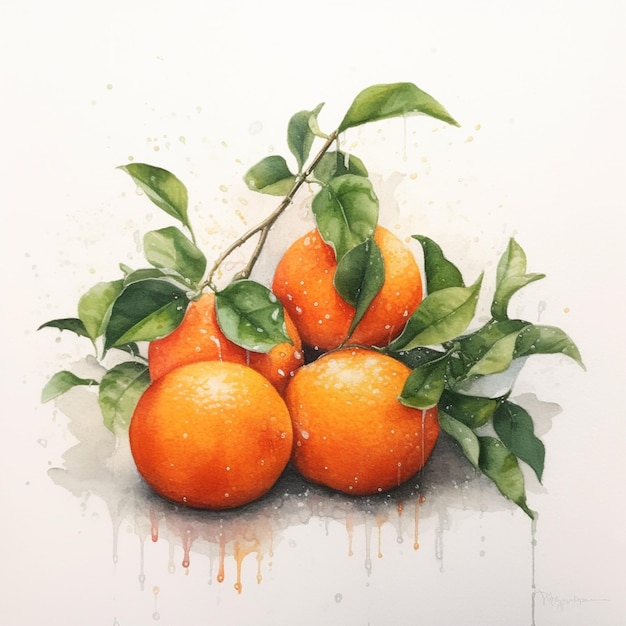 There are three oranges with leaves on a branch with watercolor paint generative ai