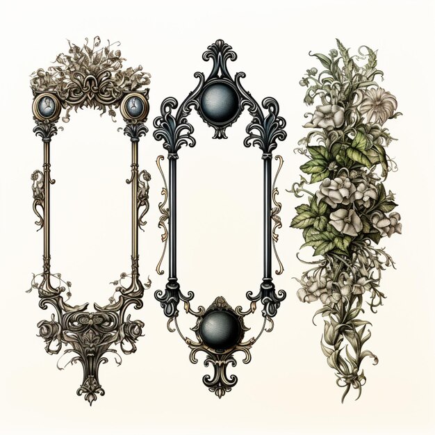 there are three ornate frames with flowers and a clock generative ai