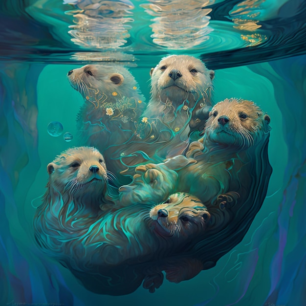 there are three otters floating in the water with bubbles generative ai