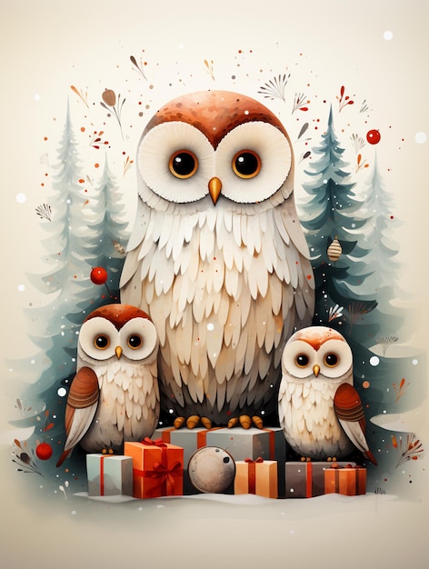 Photo there are three owls sitting on a box with presents in front of them generative ai