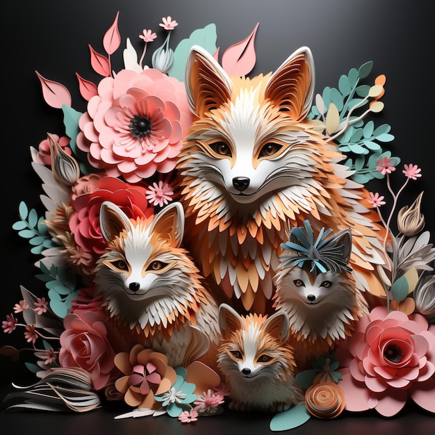 there are three paper foxes sitting in a pile of flowers generative ai