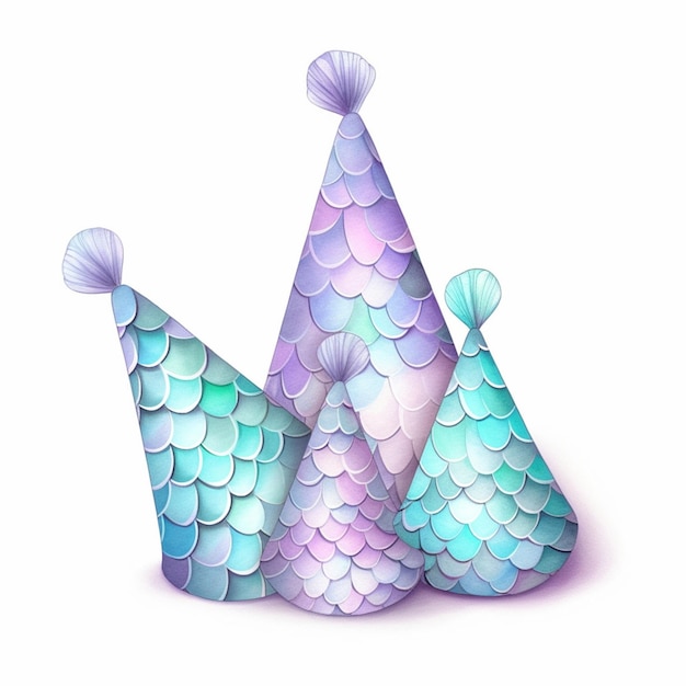 There are three party hats with fish scales on them generative ai