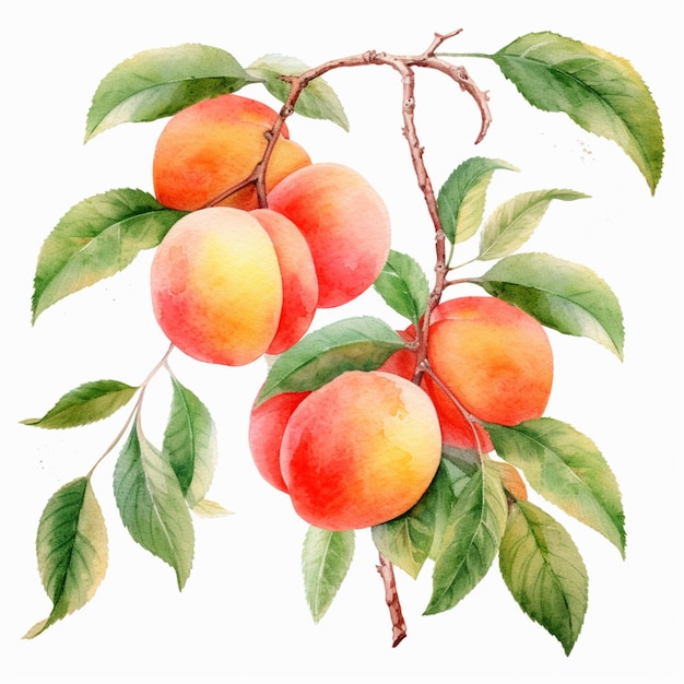 There are three peaches on a branch with leaves on it generative ai