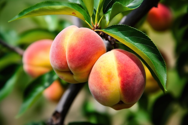 There are three peaches and some leaves dangling from a tree