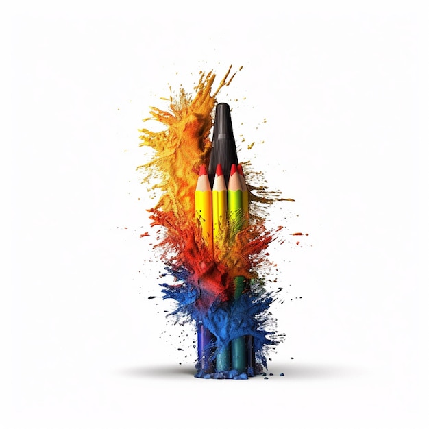 Photo there are three pencils with different colors of paint splattered on them generative ai