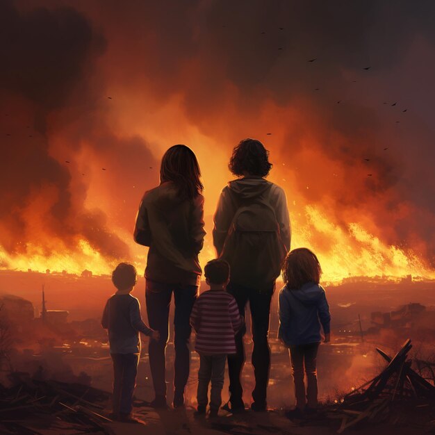 There are three people standing in front of a fire with a sky background generative ai