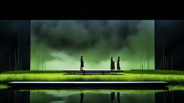 Foto ci sono tre persone in piedi su un palco con uno schermo verde generativo ai