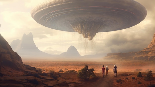 there are three people walking in the desert with a large object in the sky generative ai