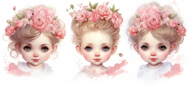 there are three pictures of a little girl with flowers in her hair generative ai