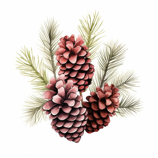 there are three pine cones on a branch with green needles generative ai