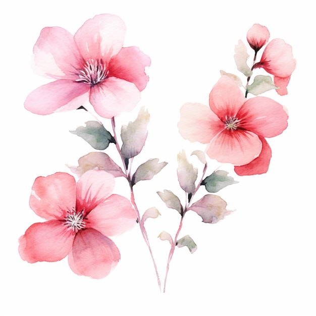 Photo there are three pink flowers on a branch with green leaves generative ai