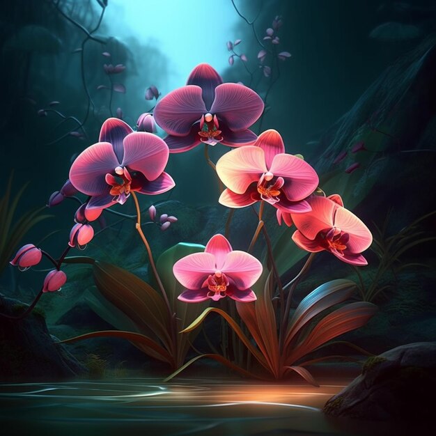there are three pink flowers that are in the water generative ai