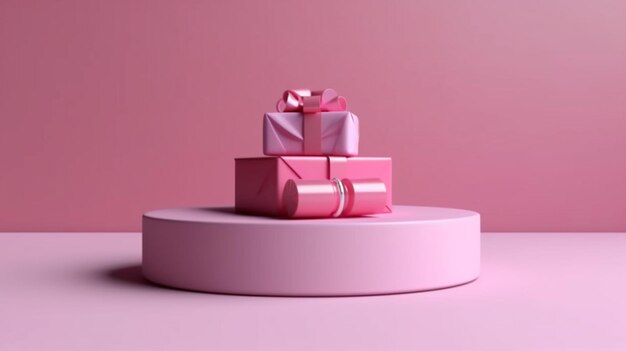 Photo there are three pink presents stacked on a white pedestal generative ai