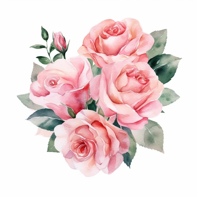 there are three pink roses with green leaves on a white background generative ai