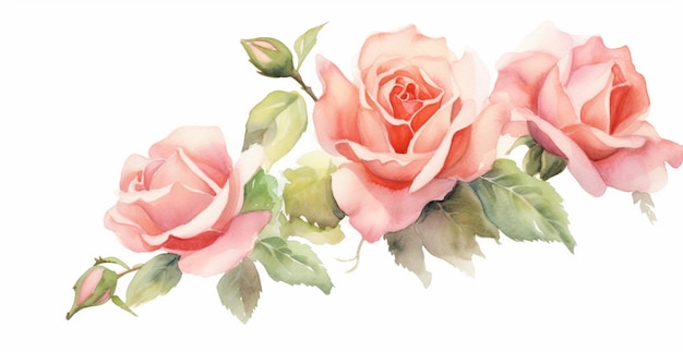 there are three pink roses with green leaves on a white background generative ai