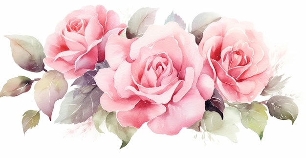 there are three pink roses with green leaves on a white background generative ai