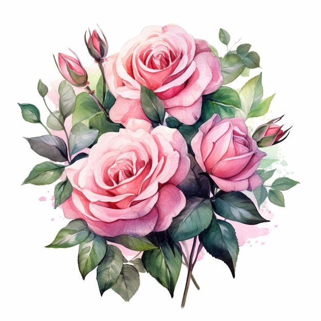 there are three pink roses with green leaves on a white background generative ai