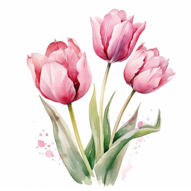 There are three pink tulips that are on a white background generative ai