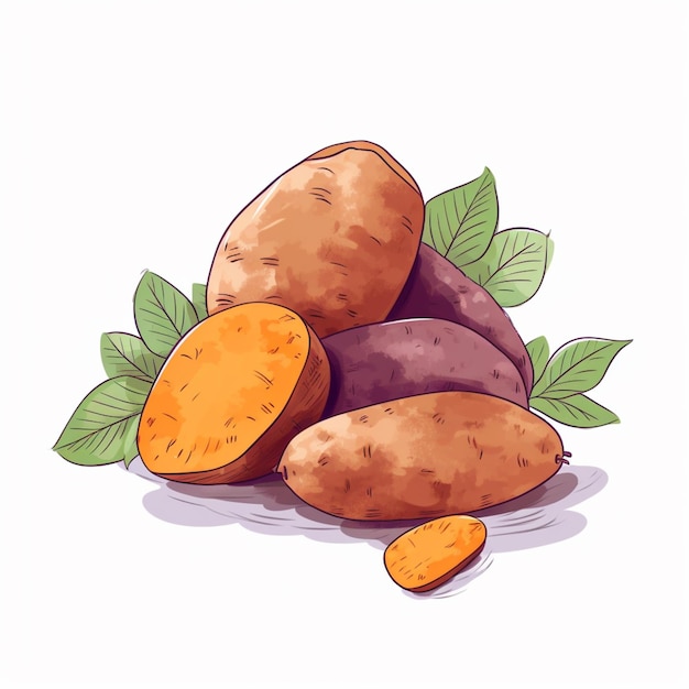 there are three potatoes with leaves on the ground generative ai