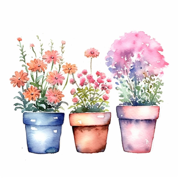 There are three pots with flowers in them on a white background generative ai