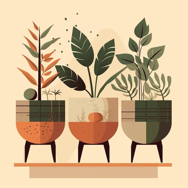 There are three pots with plants on a shelf with a planter generative ai