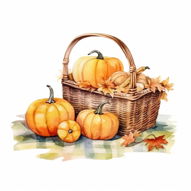 There are three pumpkins in a basket with leaves on the ground generative ai