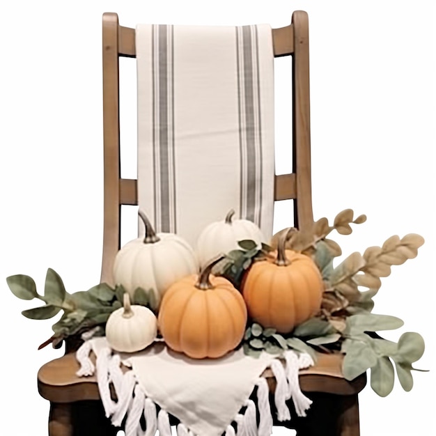 there are three pumpkins on a chair with leaves and leaves generative ai