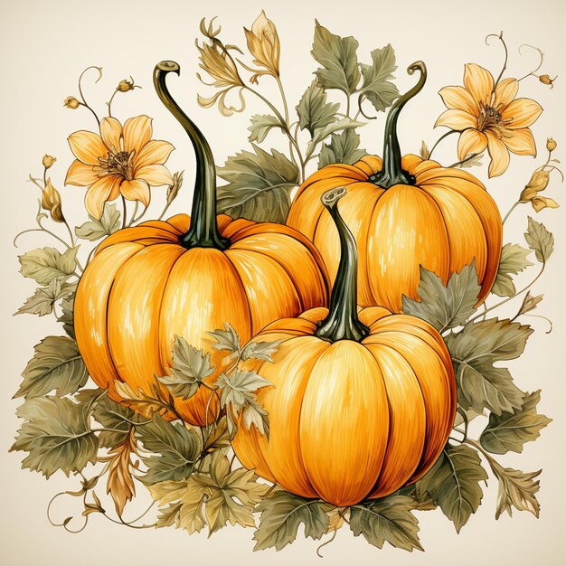 There are three pumpkins sitting on a table with leaves generative ai