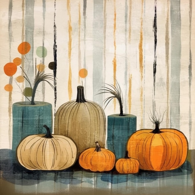 there are three pumpkins and two vases on a table generative ai