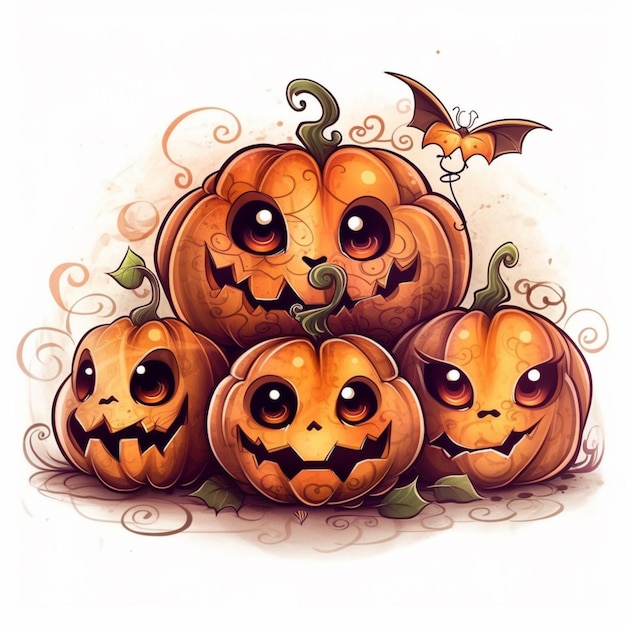 there are three pumpkins with faces and bats on them generative ai