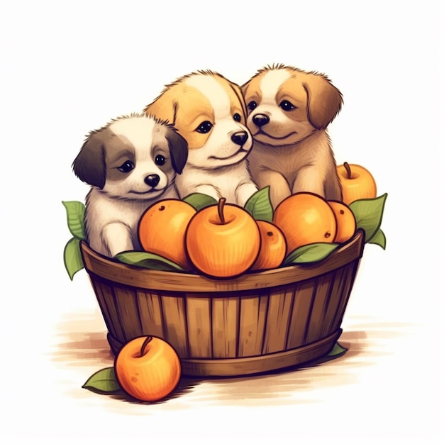 There are three puppies sitting in a basket of oranges generative ai