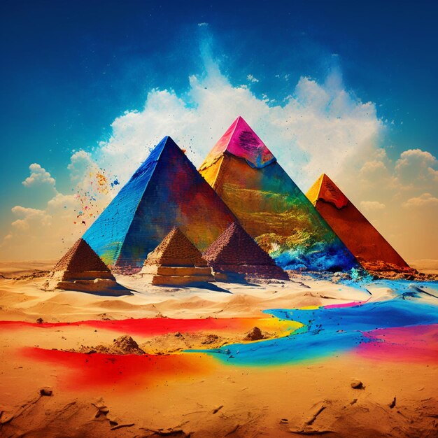 there are three pyramids in the desert with a rainbow paint on them generative ai