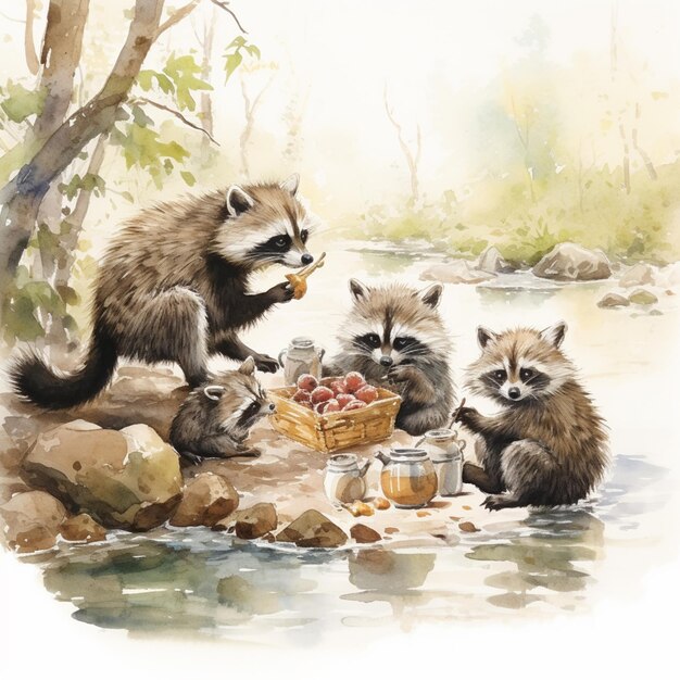there are three raccoons eating apples in a river generative ai