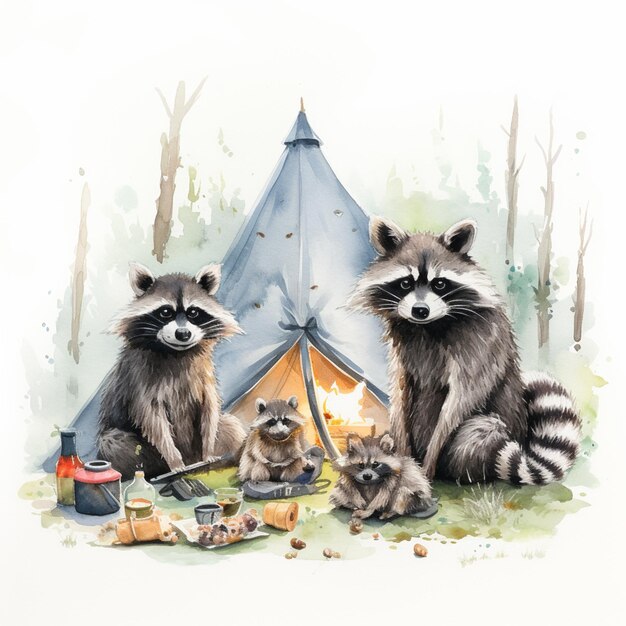 there are three raccoons sitting around a campfire in the woods generative ai