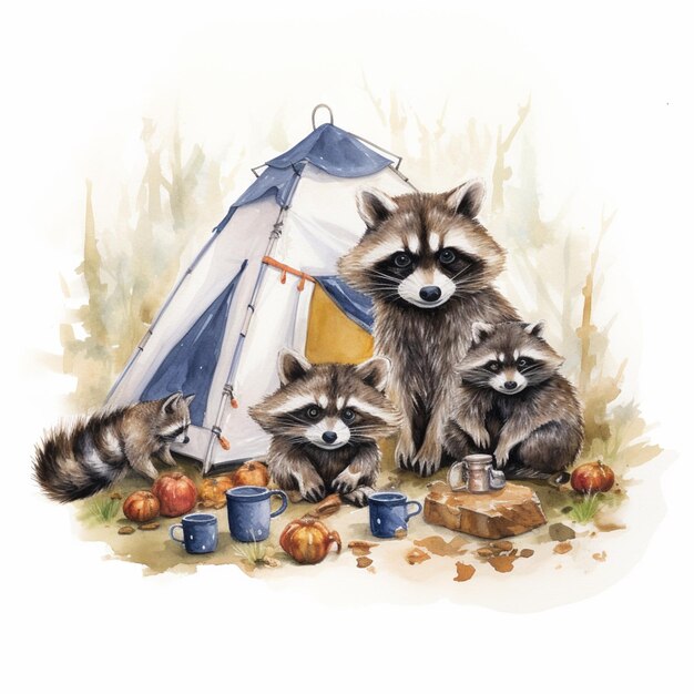 there are three raccoons sitting next to a tent with a cup of coffee generative ai