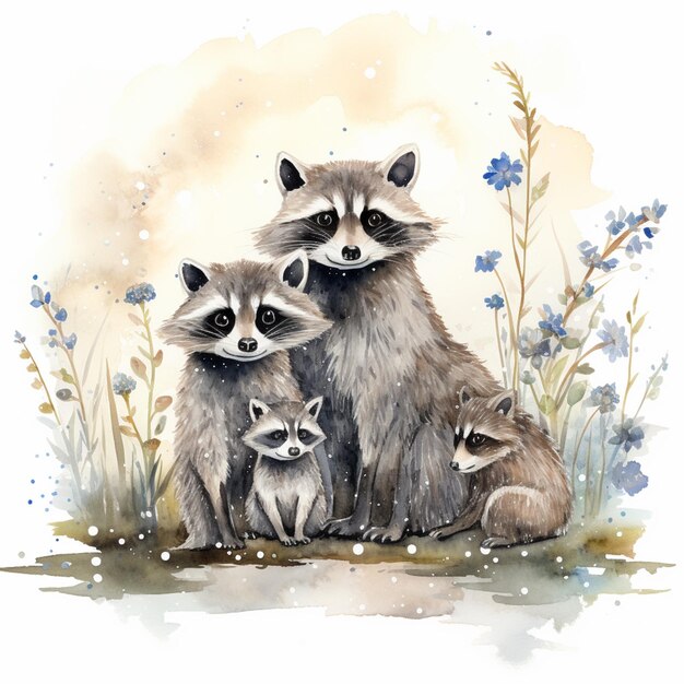 there are three raccoons sitting together in the grass generative ai