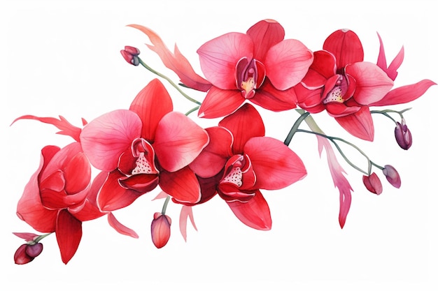 there are three red flowers on a branch with buds generative ai