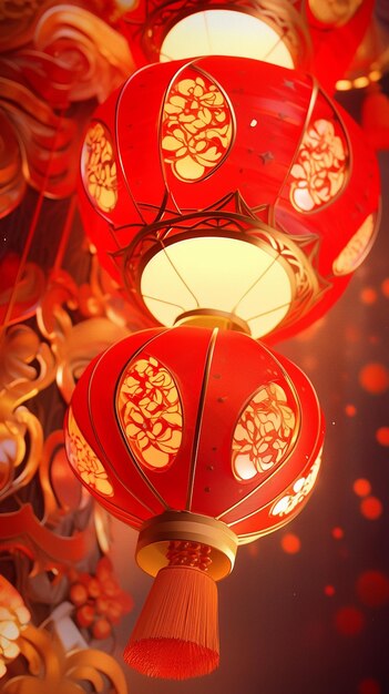 There are three red lanterns hanging from a ceiling with lights generative ai