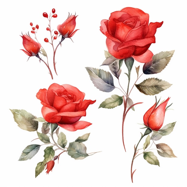 There are three red roses with green leaves and berries on them generative ai