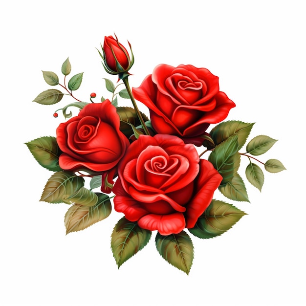 There are three red roses with green leaves on a white background generative ai