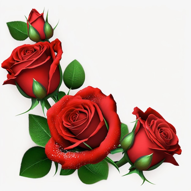 Photo there are three red roses with green leaves on a white background generative ai