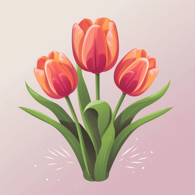 There are three red tulips with green leaves on a pink background generative ai